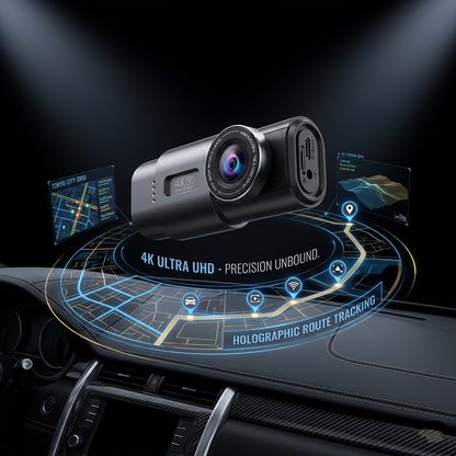 Car dashboard camera with futuristic interface on a dark background